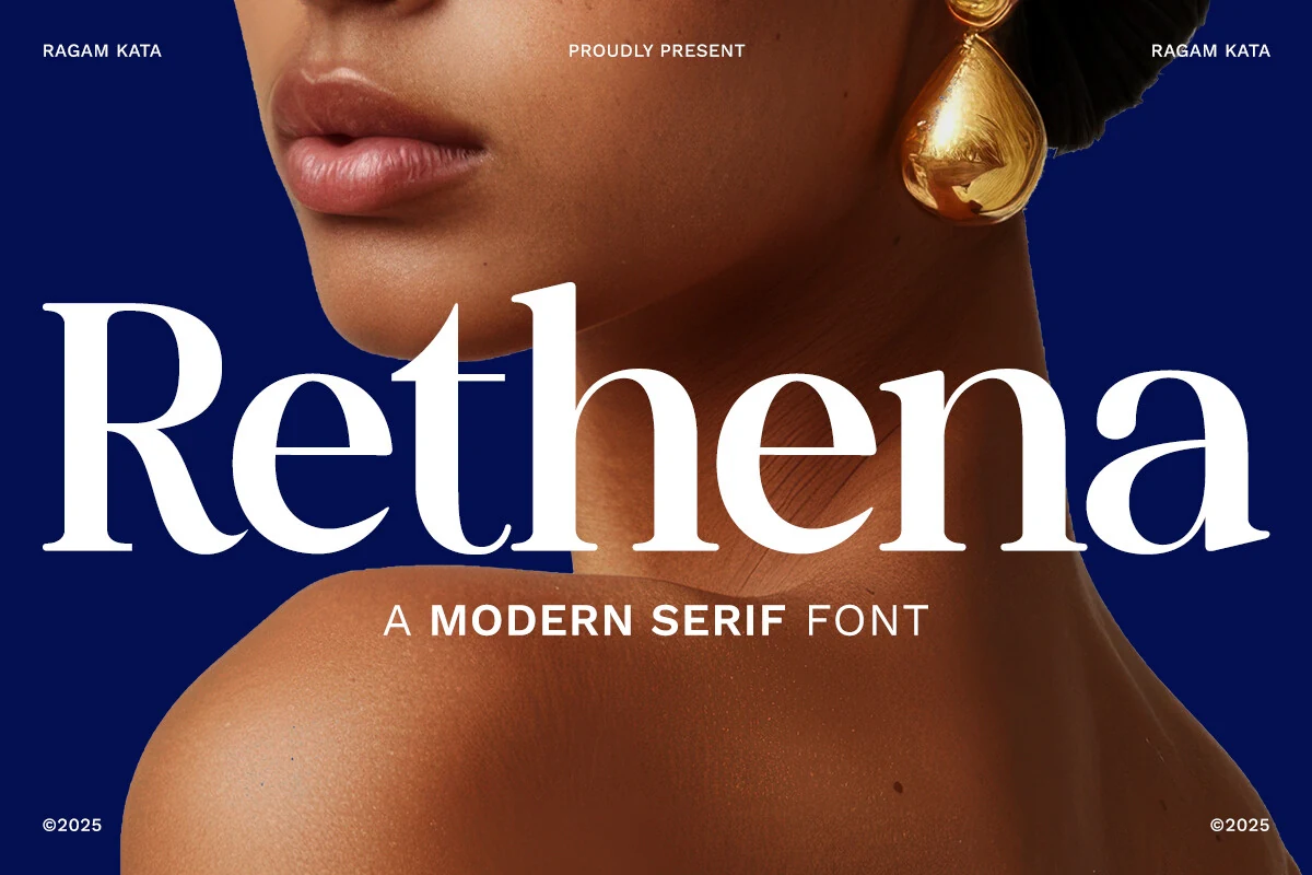Rethena Font preview with bold white high-contrast serif lettering and elegant curves