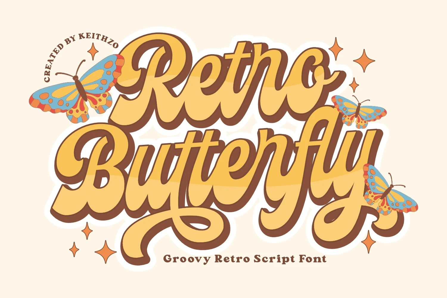 Retro Butterfly Font preview with bold groovy script lettering, thick curves, and retro shadow