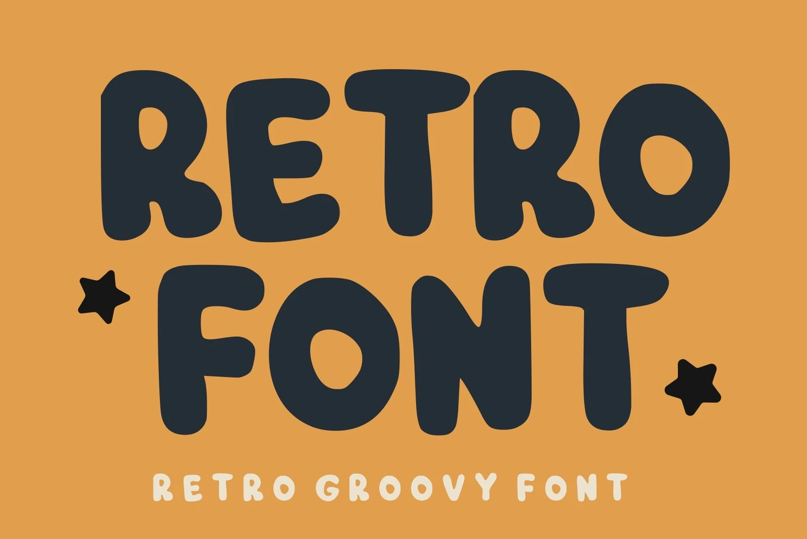 Retro Font preview with bold rounded navy lettering on a warm mustard background