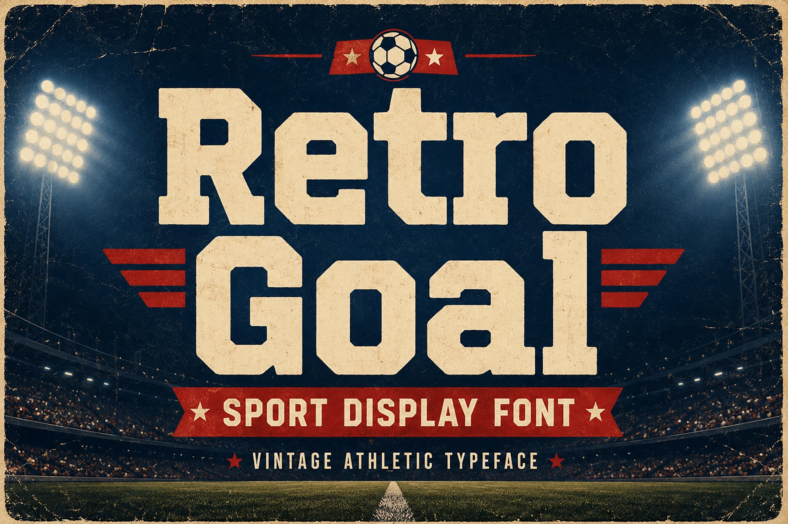 Retro Goal Font preview with cream vintage athletic block lettering and rough texture
