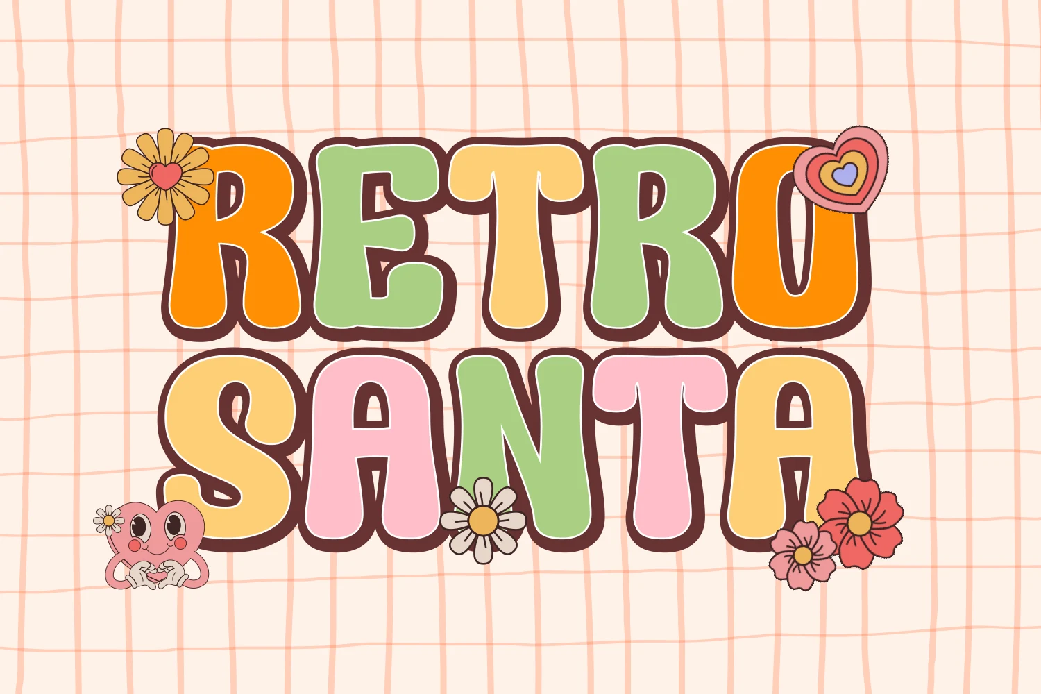 Retro Santa Font preview with pastel rounded retro lettering and a thick brown outline