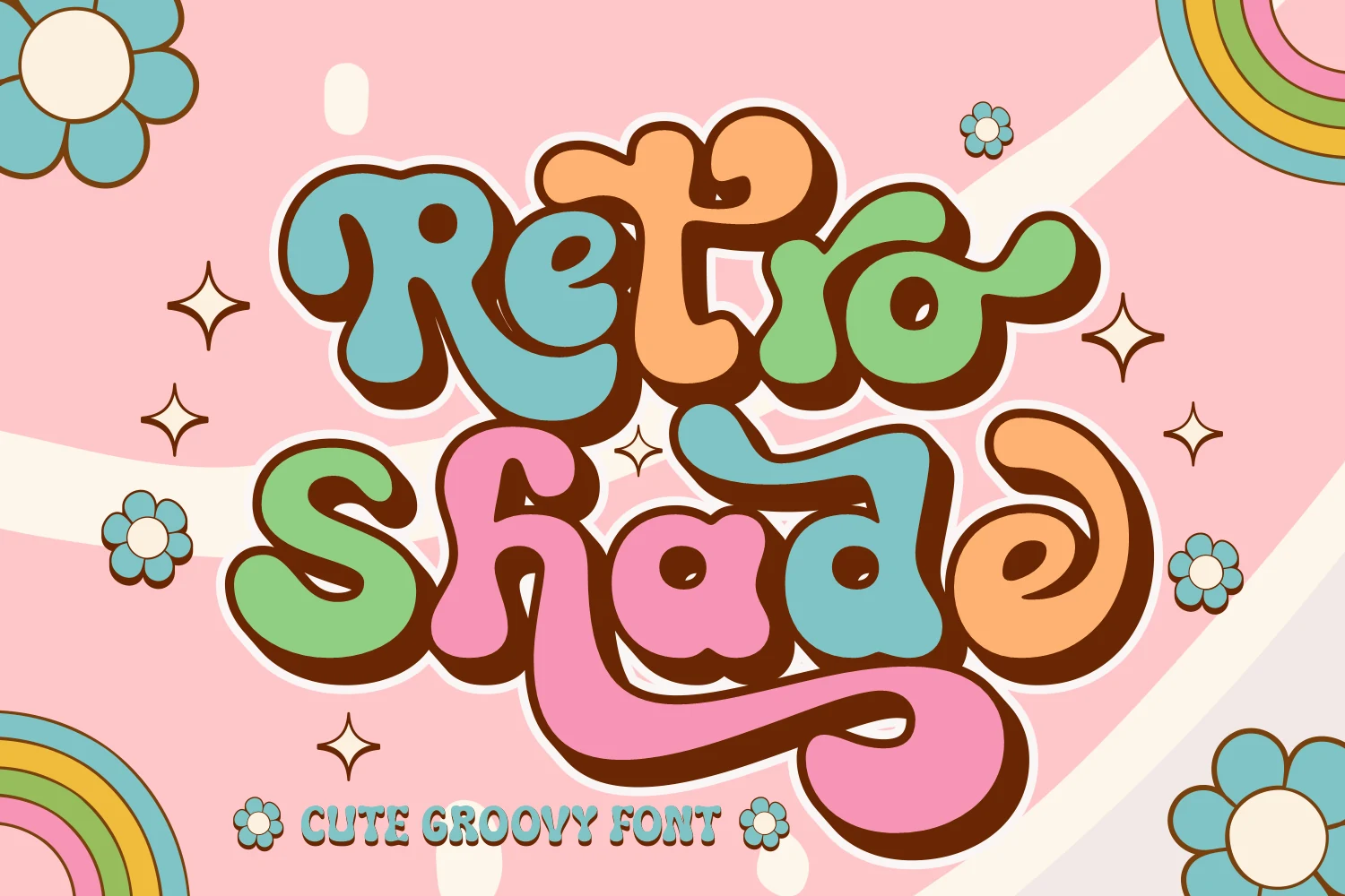 Retro Shade Font preview with colorful groovy bubble lettering, thick brown outline, and long swashes