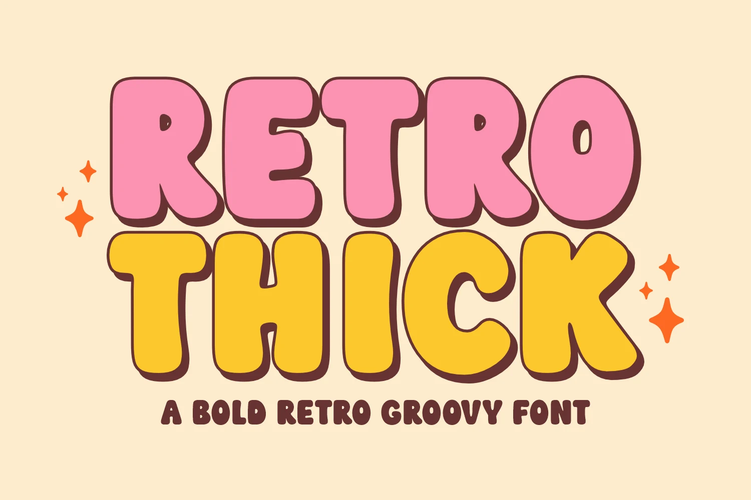 Retro Thick Font preview with oversized pink and yellow rounded bubble lettering and dark shadow