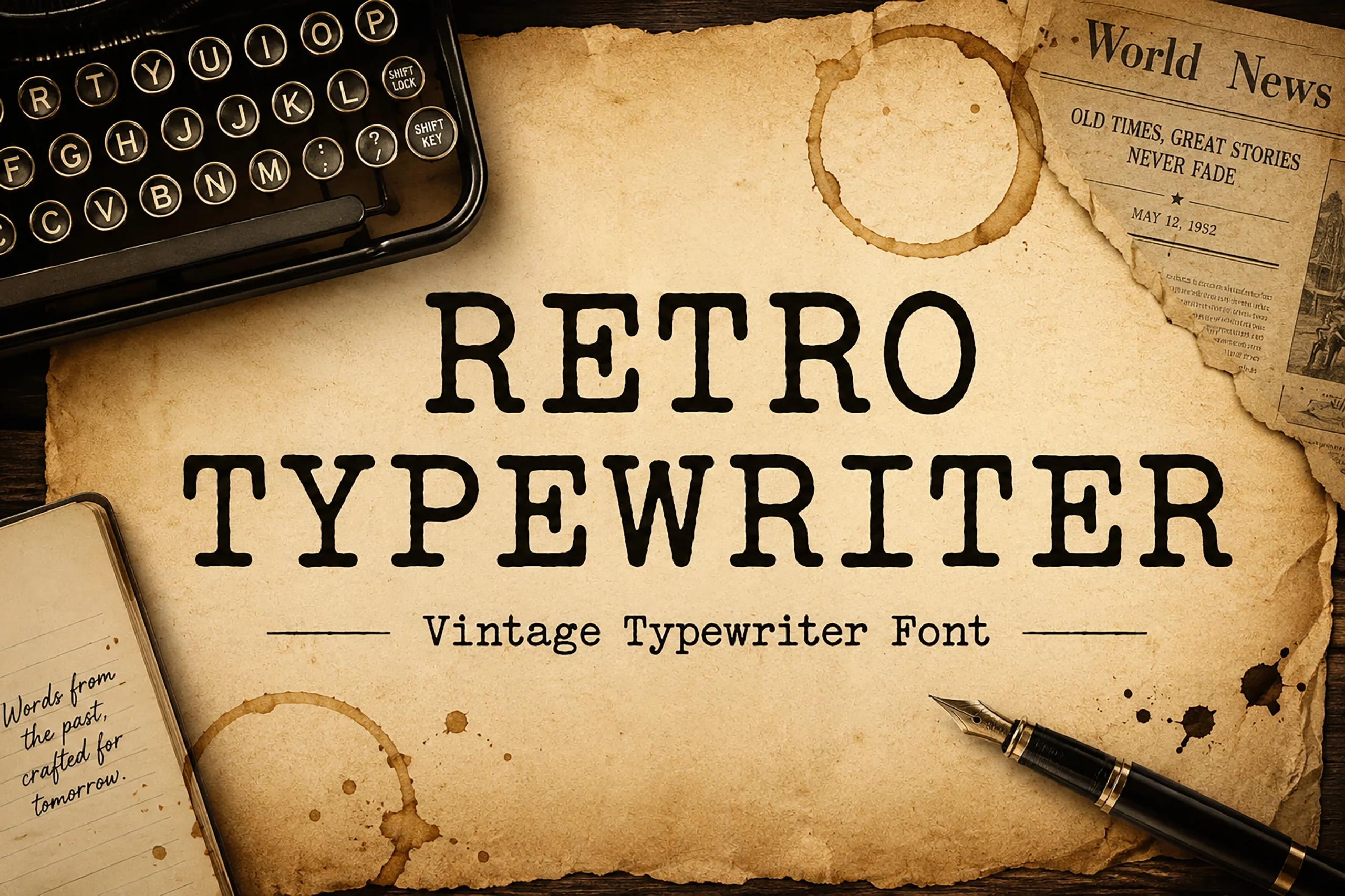 Retro Typewriter Font preview with bold black typewriter-style serif lettering on aged paper