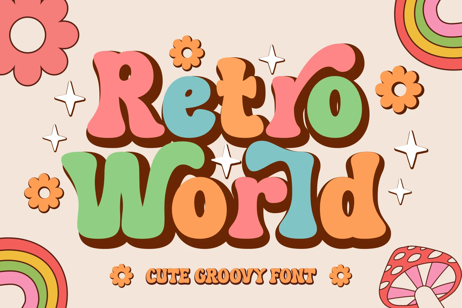 Retro World Font preview with colorful groovy bubble display lettering