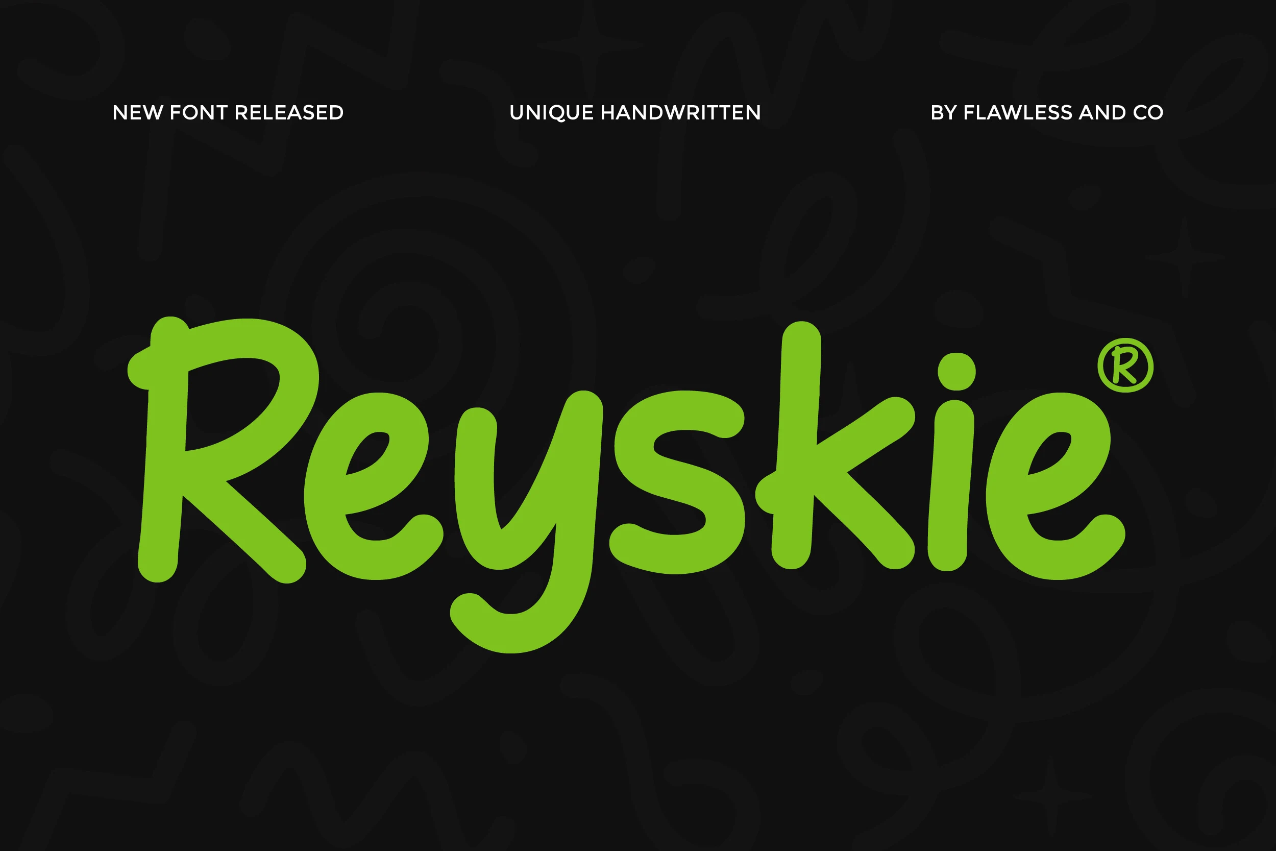 Reyskie Font preview with bold lime green rounded handwritten lettering on black