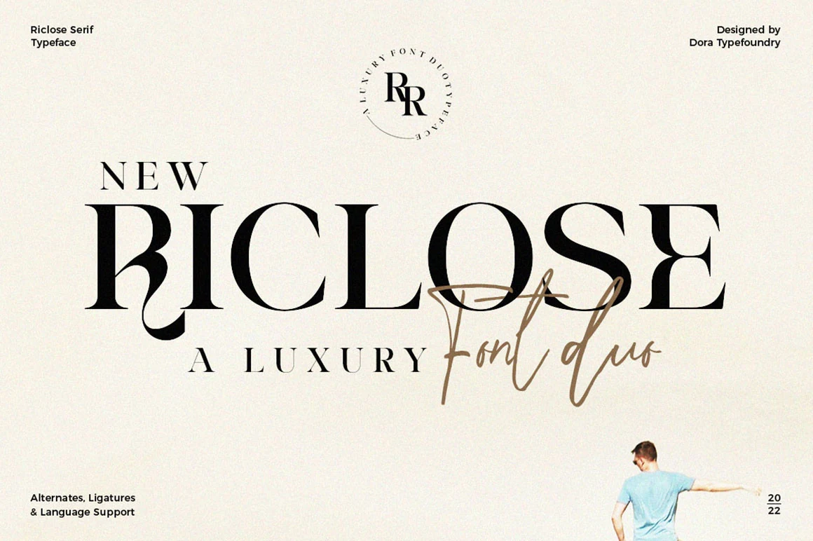 Riclose Duo Font preview with bold high-contrast serif lettering and flowing taupe script overlay