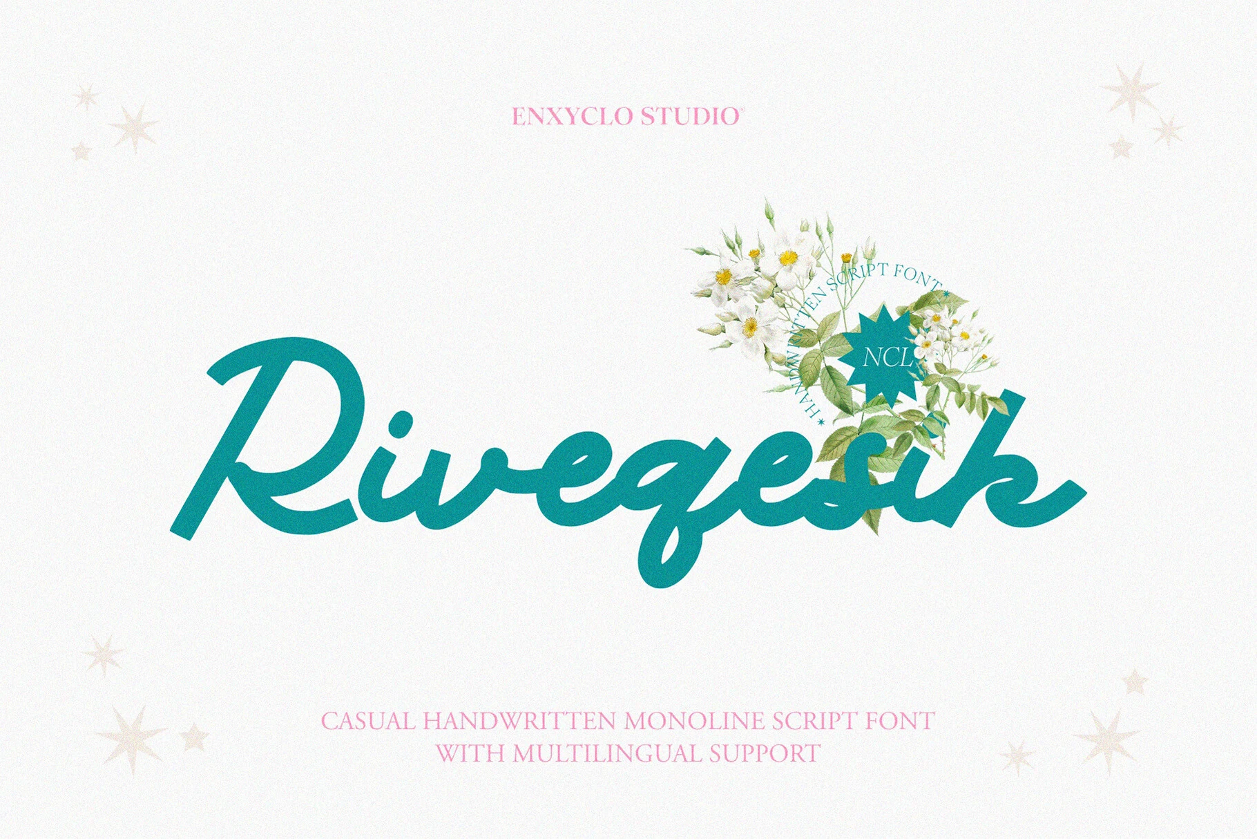 Riveqesik Font preview in teal monoline handwritten script