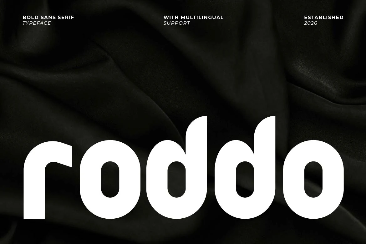 Roddo Font preview with bold rounded sans serif letters and soft curves