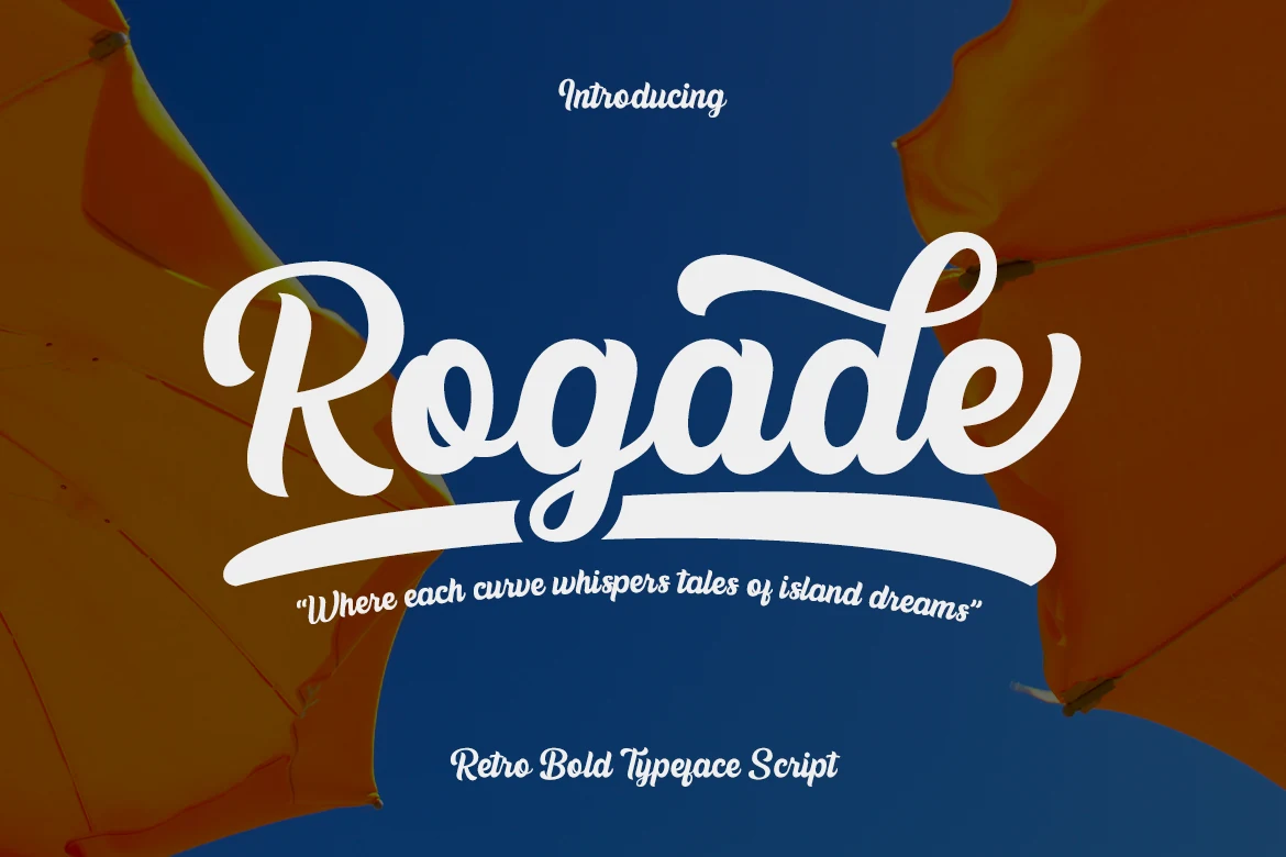 Rogade Font preview with white bold retro script, rounded curves, and long underline swash