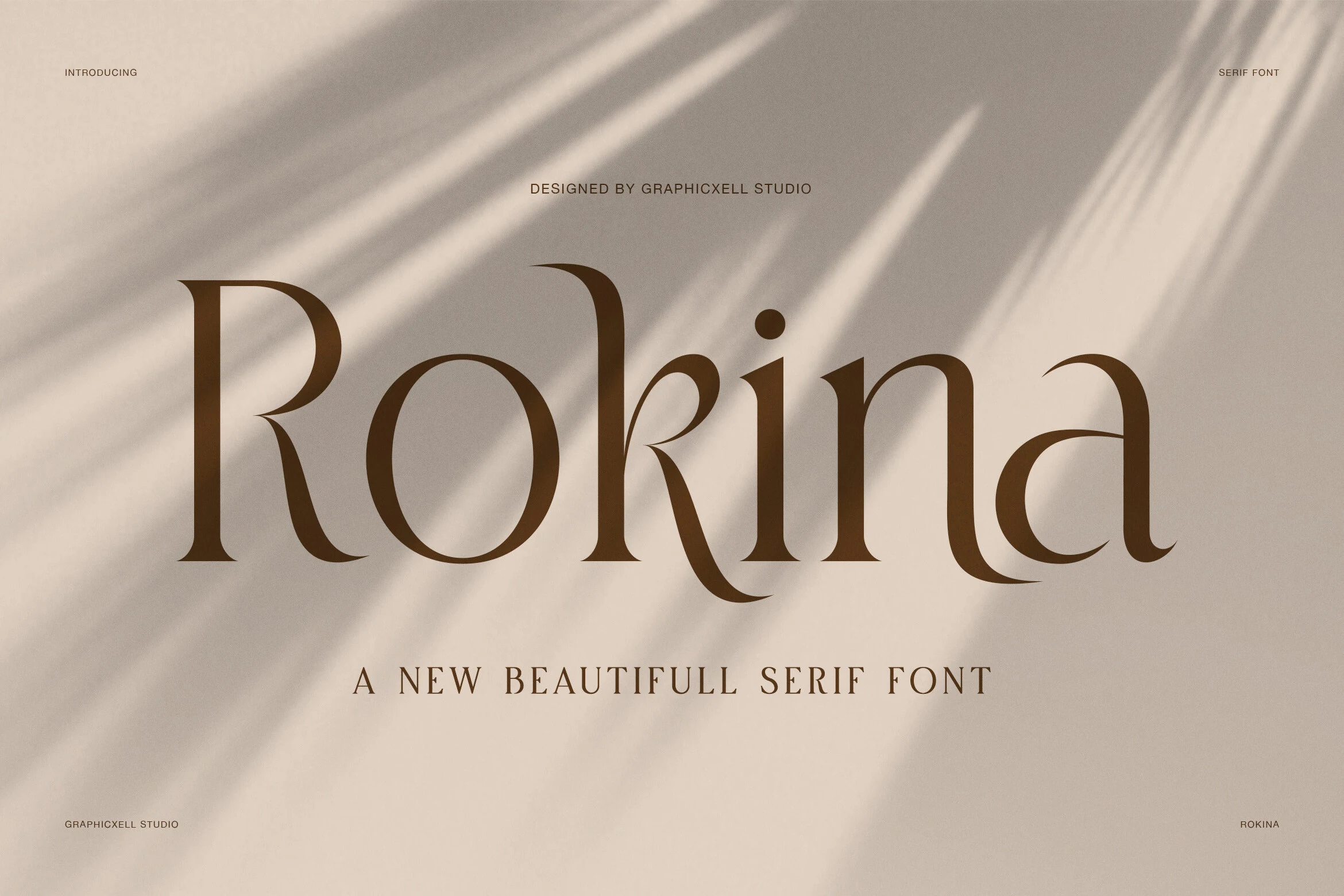 Rokina Font preview in elegant brown serif lettering with high contrast and sweeping curves