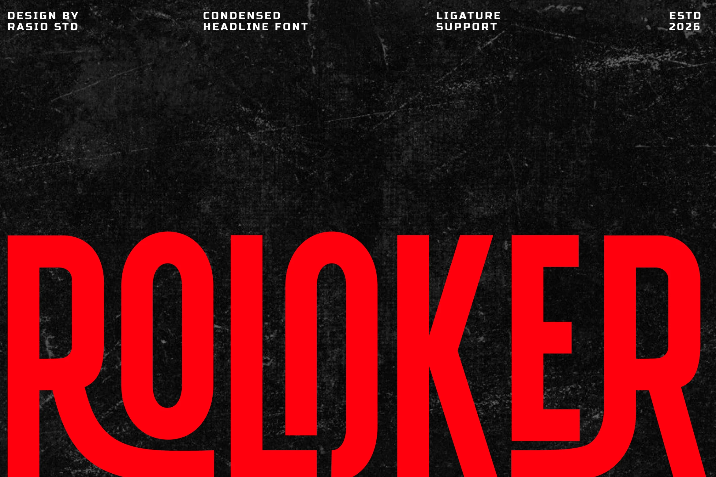 Roloker Font preview with ultra-tall condensed red sans serif lettering on a black textured background