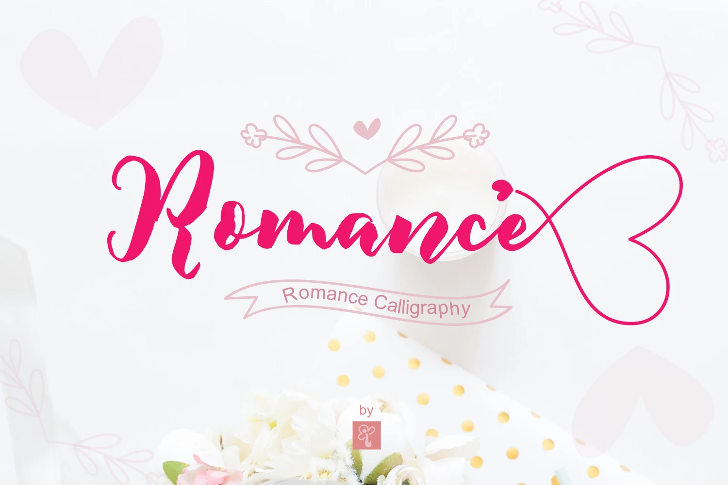 Romance Font preview with bright pink brush script, textured strokes, and a heart-shaped swash
