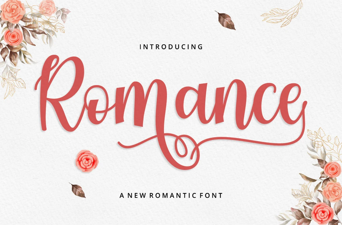 Romance Script Font preview with bold red handwritten script and a long underline swash
