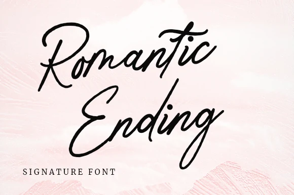 Romantic Ending Font preview with slanted signature script, flowing curves, and fine terminals
