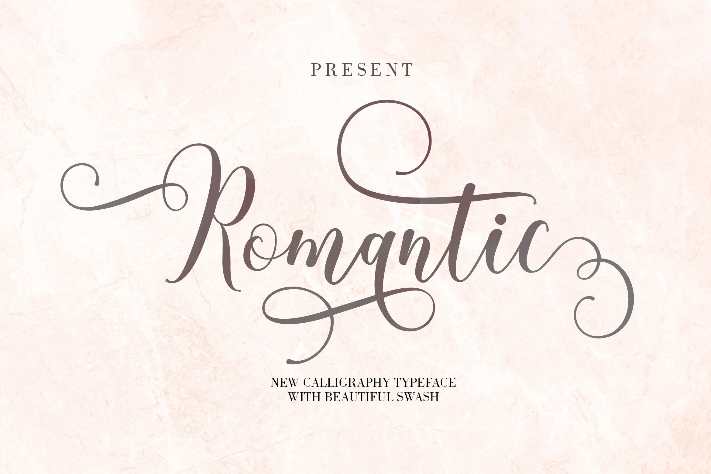 Romantic Font preview with gray calligraphy script, thin curls, and large decorative swashes