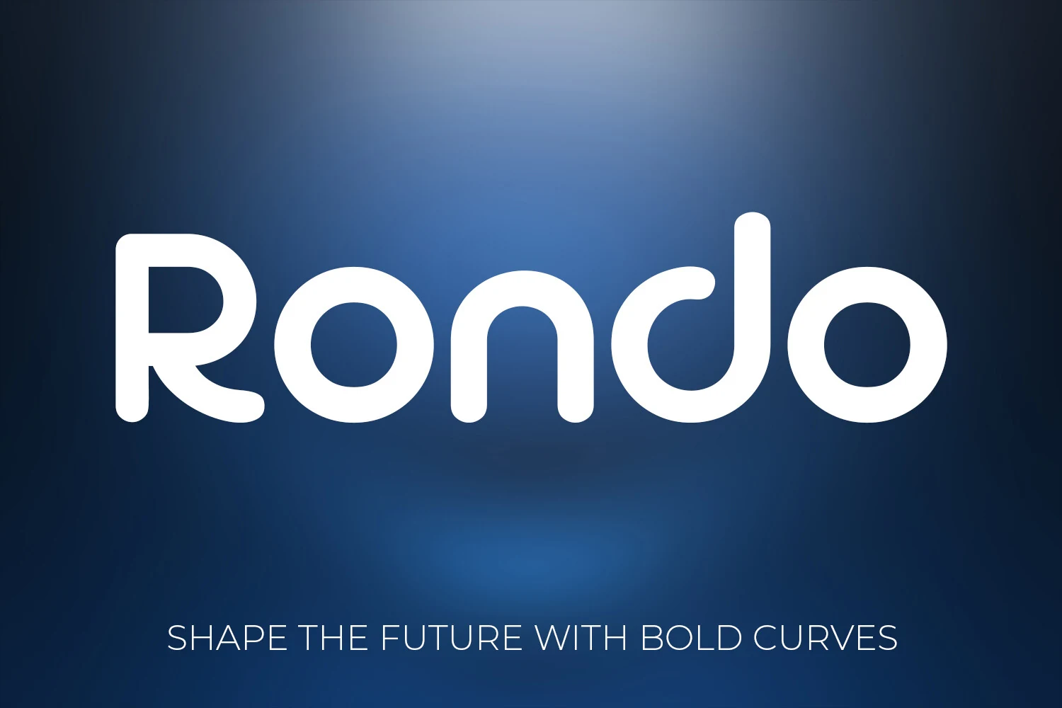 Rondo Font preview in bold white rounded sans serif lettering on a blue gradient background