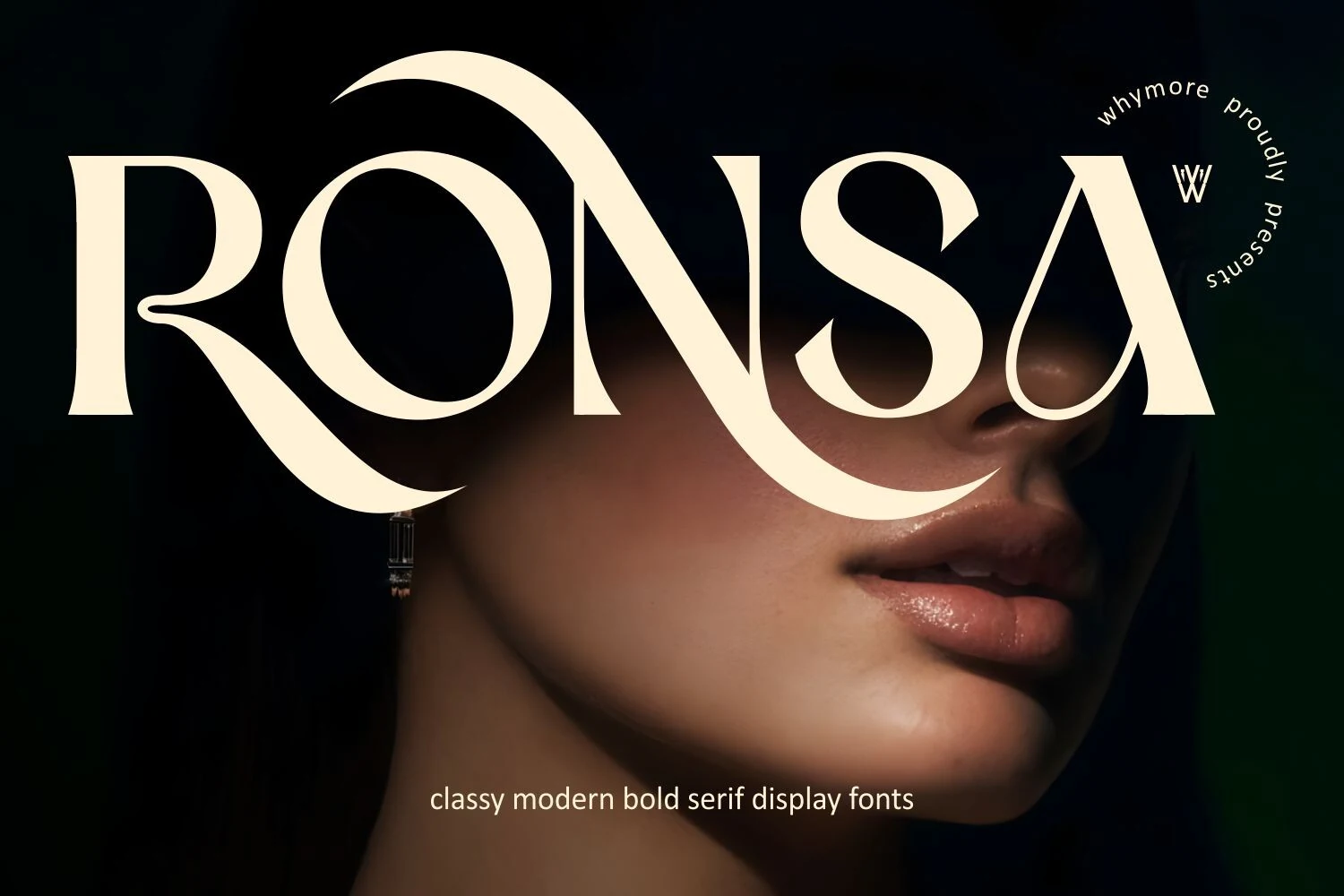 Ronsa Font preview with bold modern serif lettering, high contrast curves, and sweeping swashes