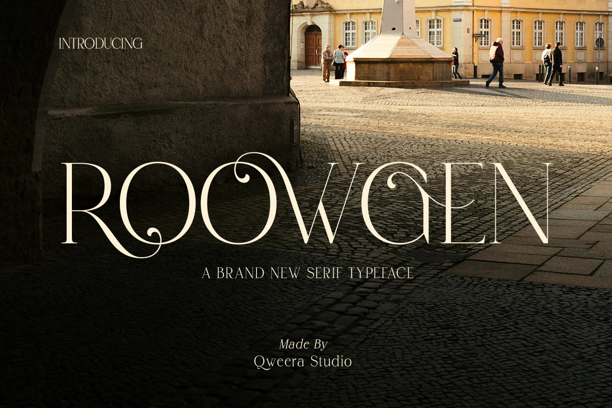 Roowgen Font preview showing elegant swash serif lettering with high contrast and curled decorative terminals