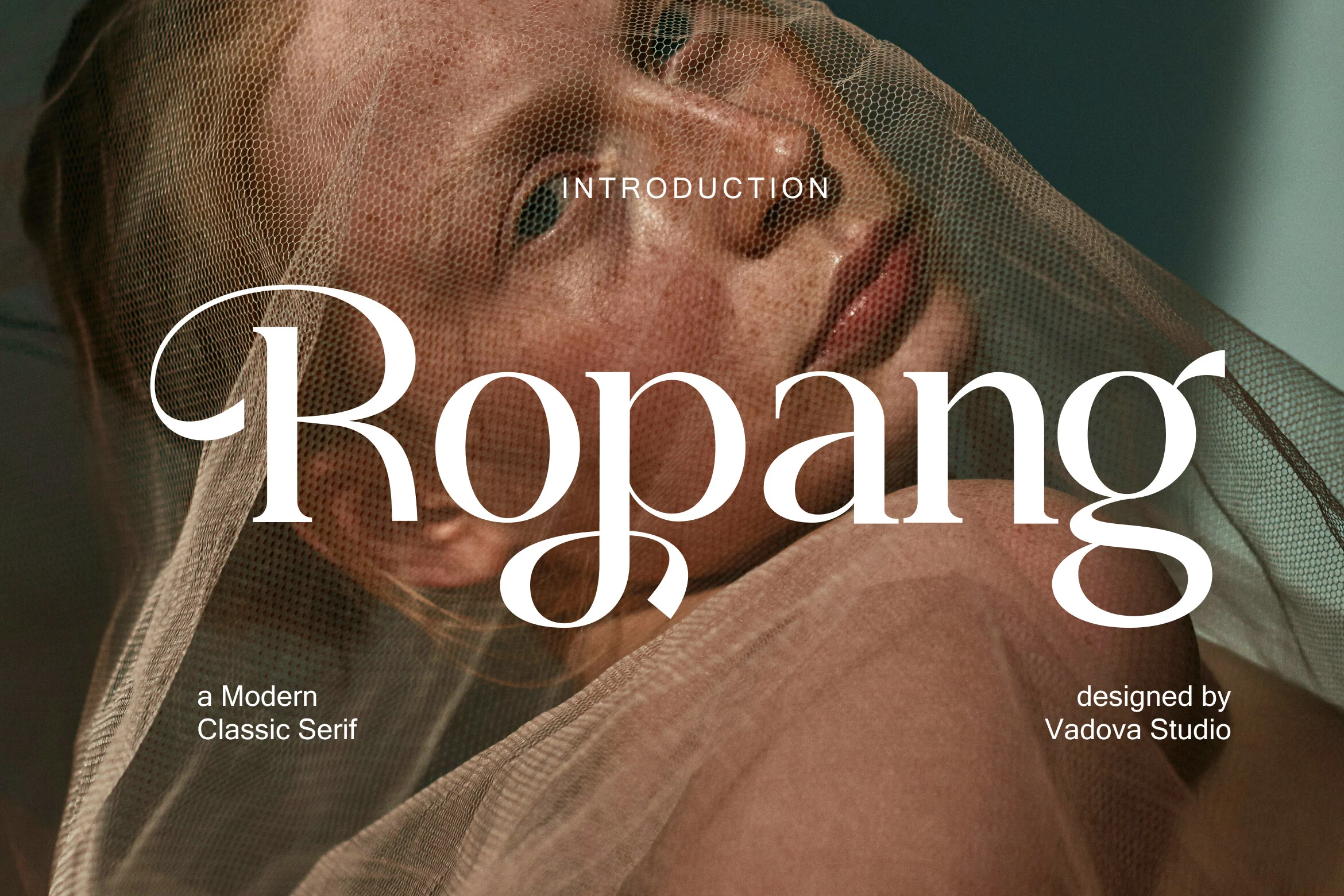 Ropang Font preview with white high-contrast serif lettering, sweeping swashes, and soft curved terminals