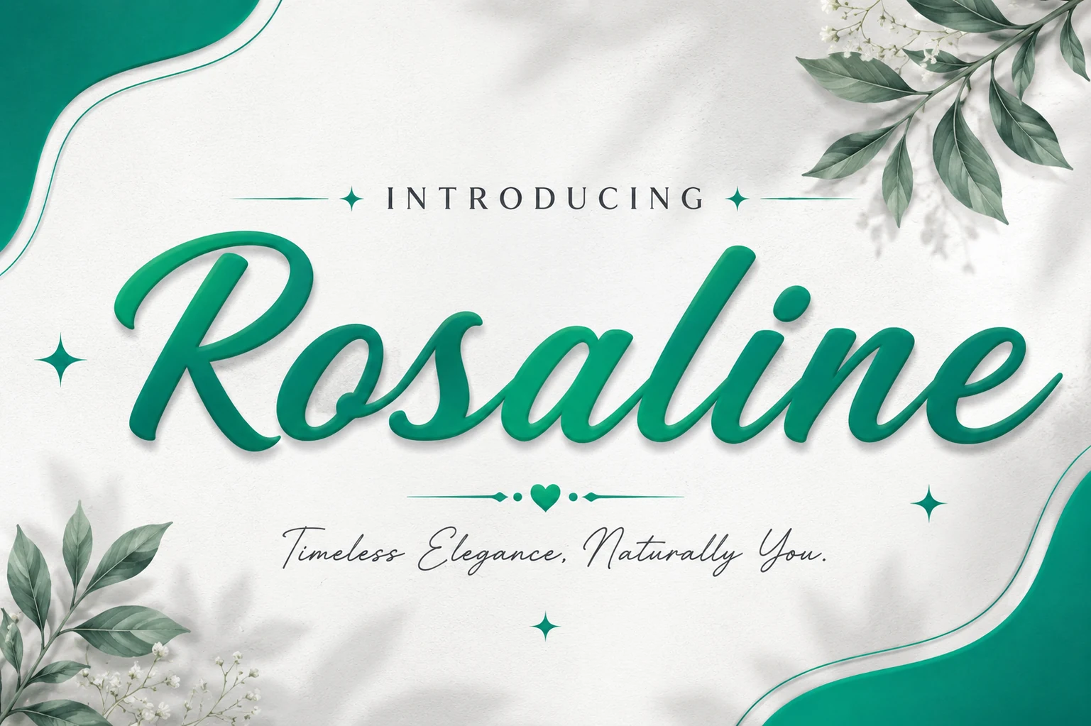 Rosaline Font preview with smooth green script lettering, rounded strokes, and flowing connections