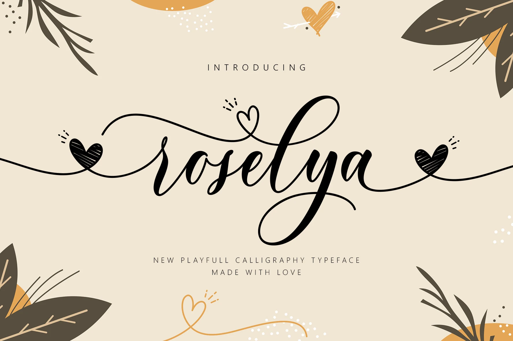 Roselya Script Font preview in playful black calligraphy with heart flourishes and looping swashes