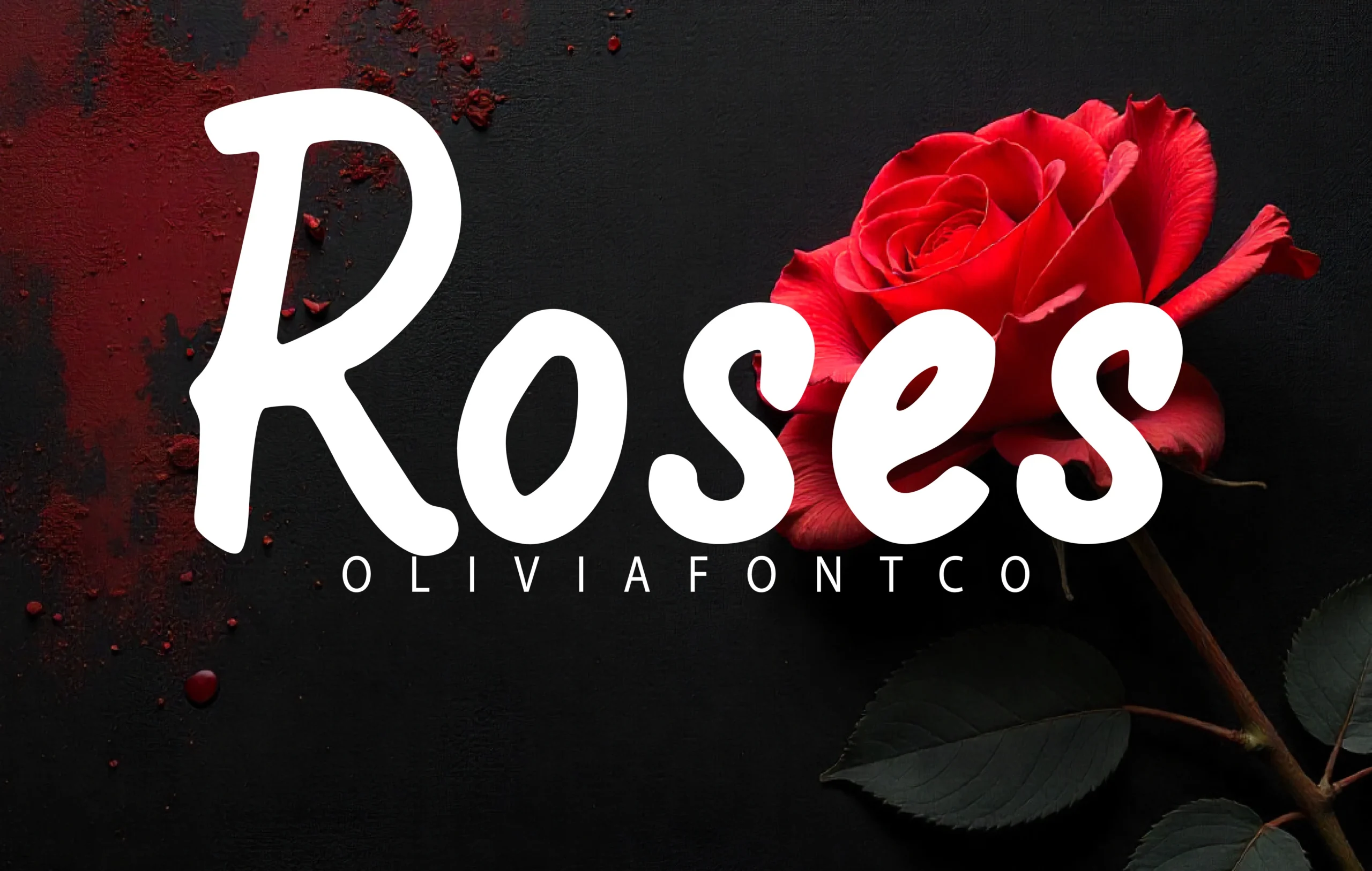 Roses Font preview with bold white rounded script lettering over a dark rose-themed layout