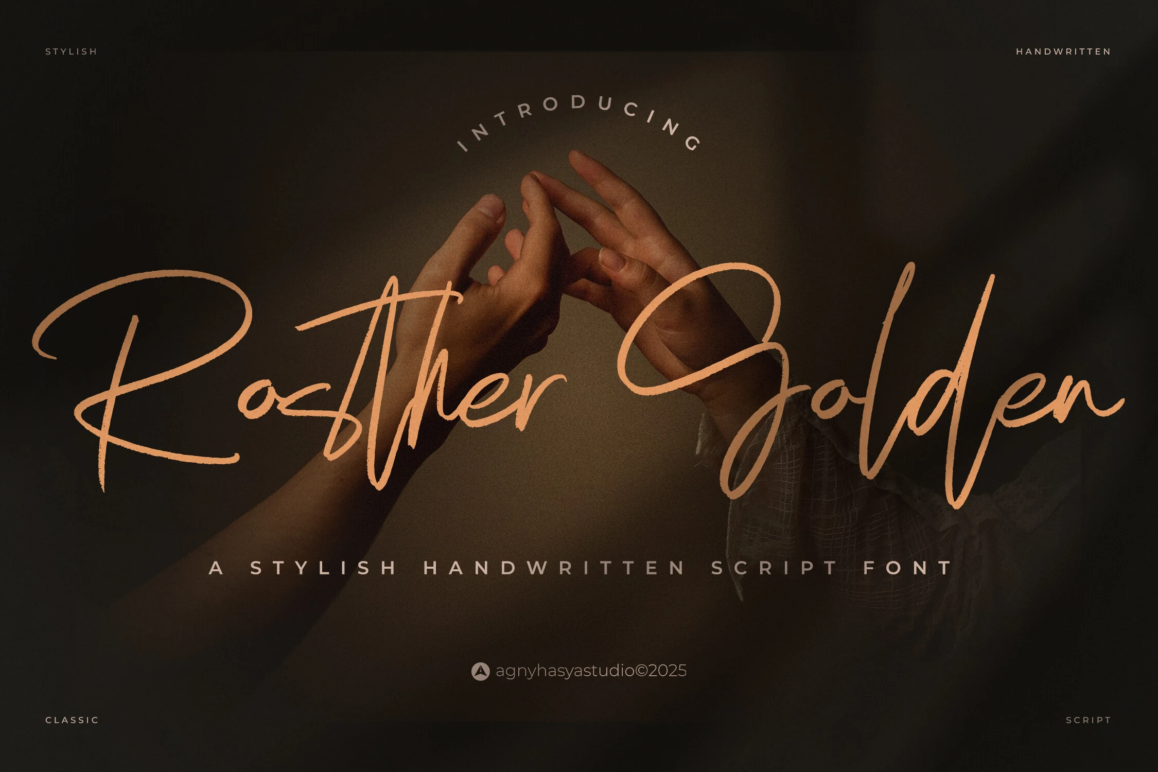 Rosther Golden Font preview in flowing handwritten script with long loops and warm copper lettering