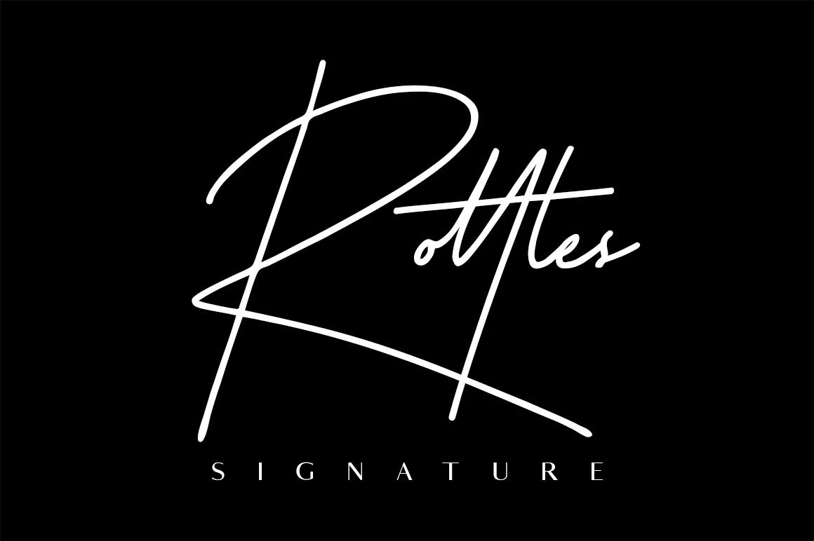 Rottles Signature Font preview with white handwritten script, long sweeping strokes, and spaced sans lettering