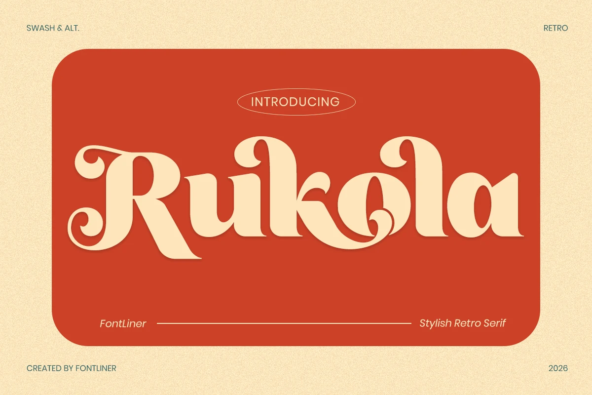 Rukola Font preview with bold cream retro serif lettering and swash details