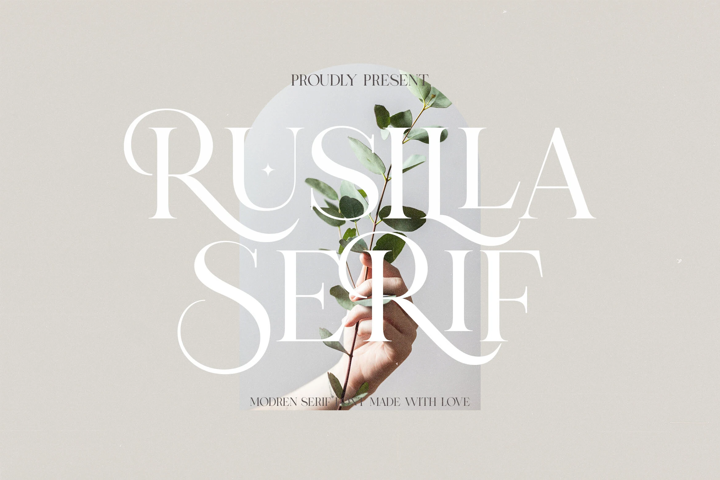 Rusilla Serif Font preview in high-contrast serif lettering with sweeping flourishes