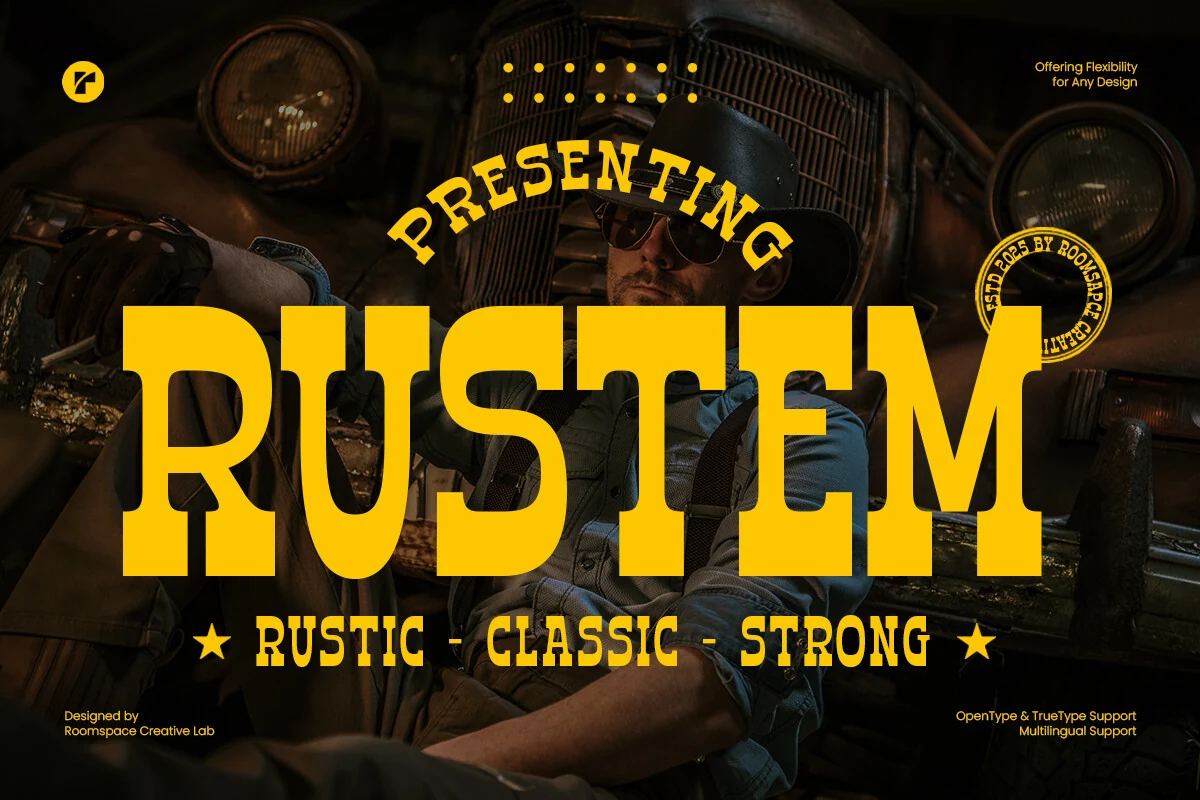 Rustem Font bold yellow Western slab serif lettering with heavy serifs