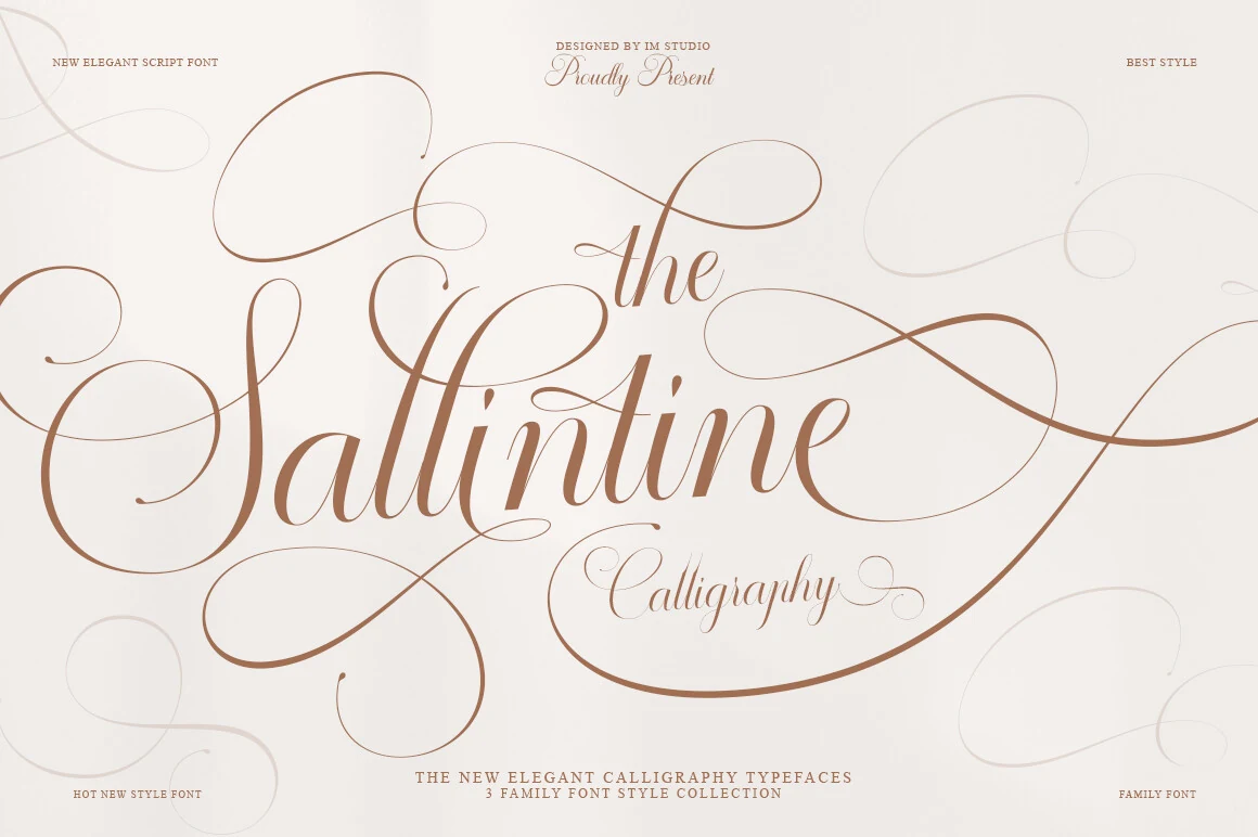 Sallintine Font preview with delicate calligraphy lettering, sweeping swashes, and looping tails