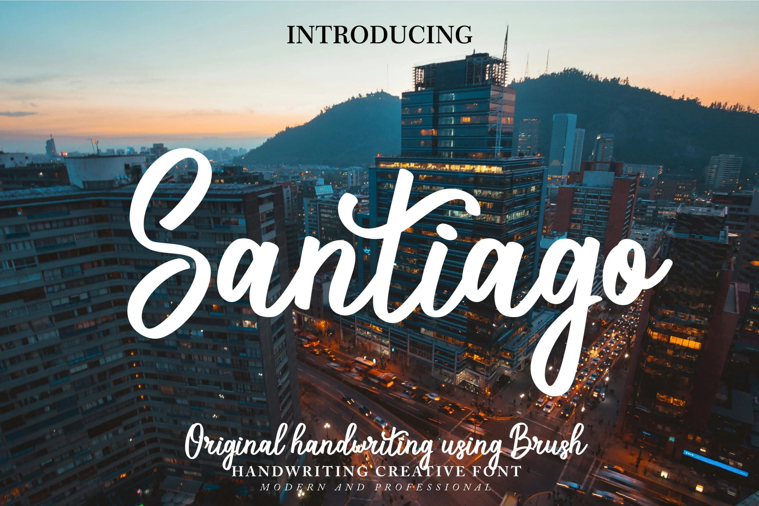 Santiago Font preview in bold white brush script with smooth flowing strokes