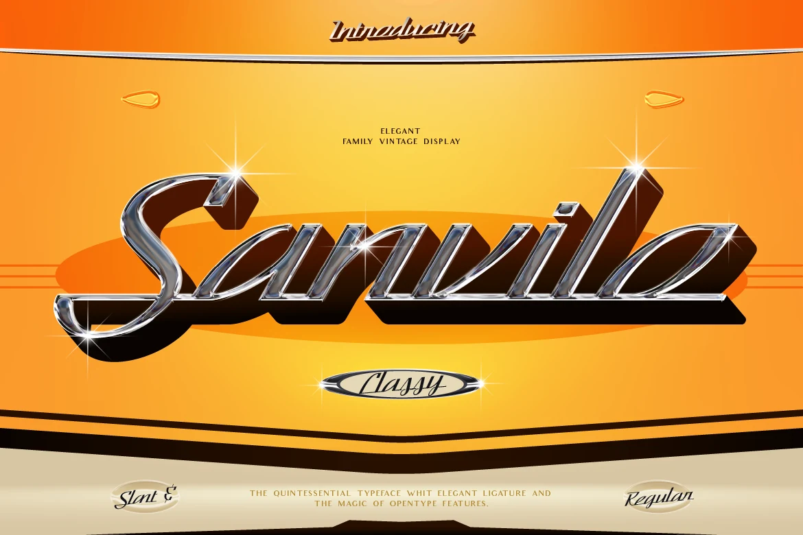 Sanvilo Font preview with slanted vintage script and chrome-style lettering