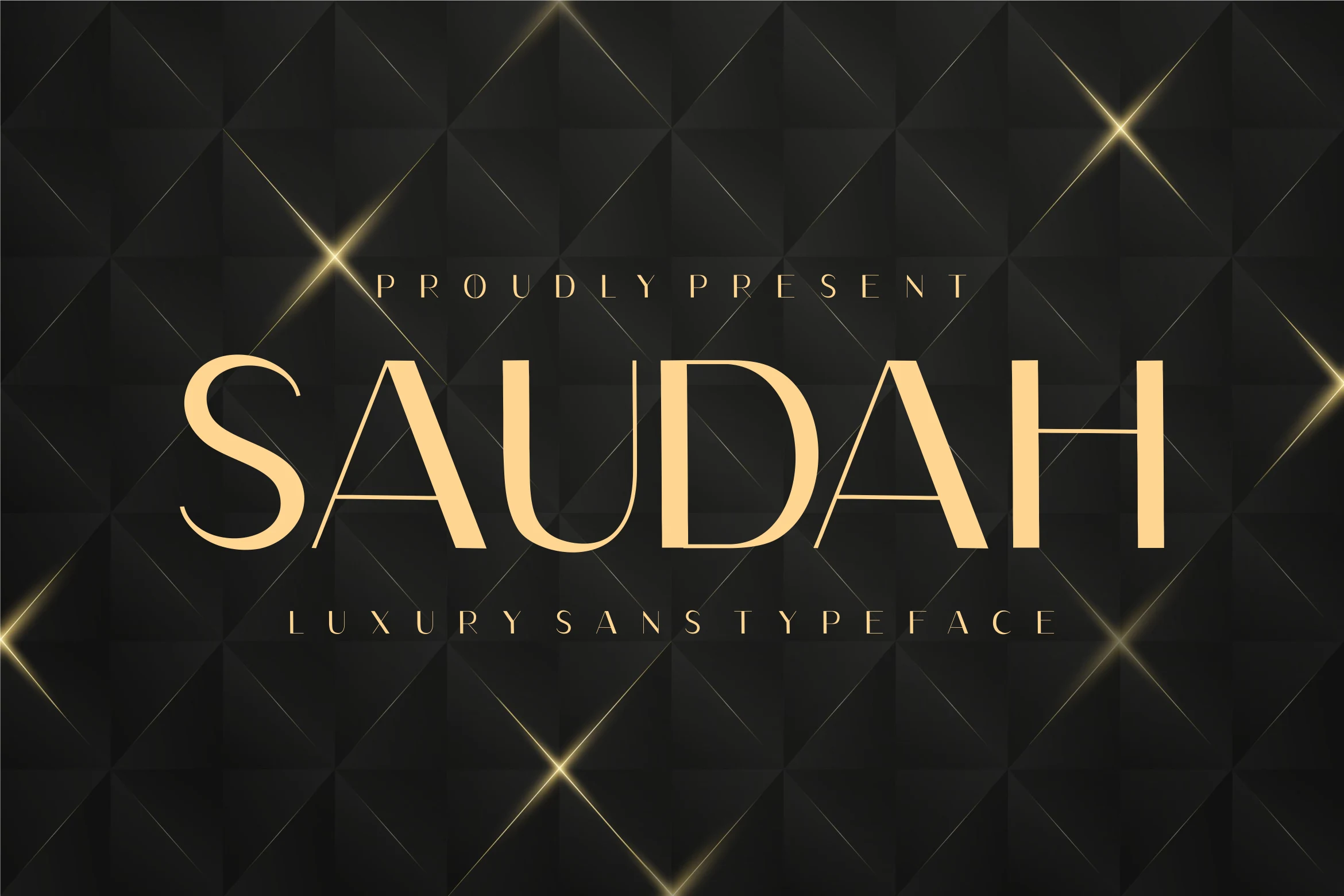 Saudah Font preview with gold luxury sans serif uppercase lettering and fine contrast