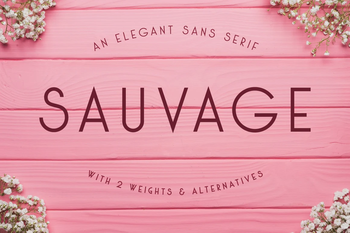 Sauvage Font preview with slim uppercase sans serif lettering in deep burgundy