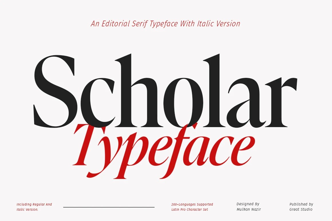 Scholar Typeface Font preview with bold black serif lettering and red italic display text