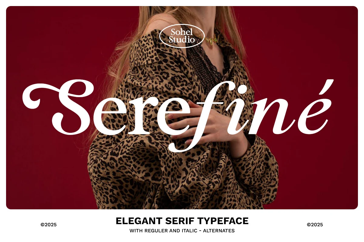 Serefine Font preview in white high-contrast serif lettering with italic curves on a bold red background