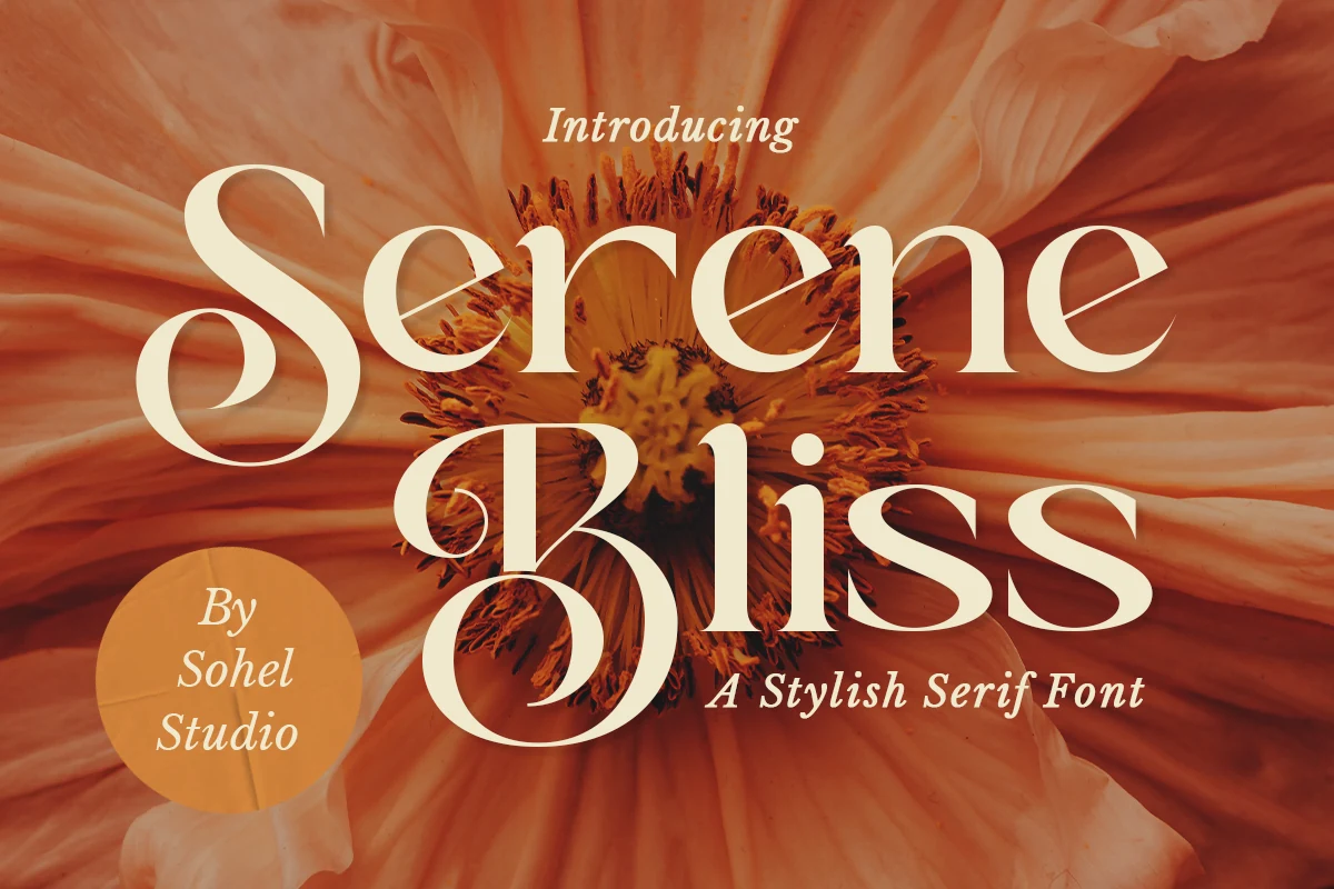 Serene Bliss Font preview with cream high-contrast serif lettering and curled terminals