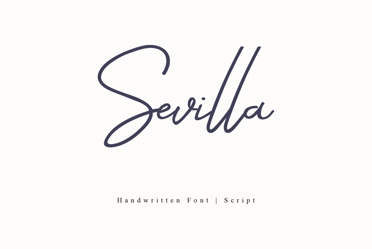 Sevilla Font preview showing dark monoline signature script with tall loops and flowing strokes