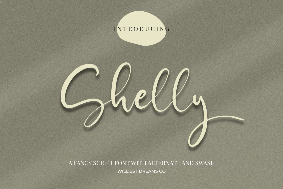 Shelly Font preview with delicate cream handwritten script and a long flowing swash
