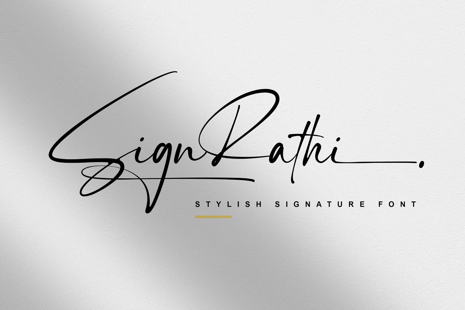 Sign Rathi Font preview in thin black signature script with long sweeping swashes