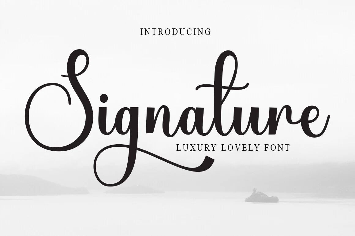 Signature Font preview in a thin flowing cursive style with elegant loops and long swashes
