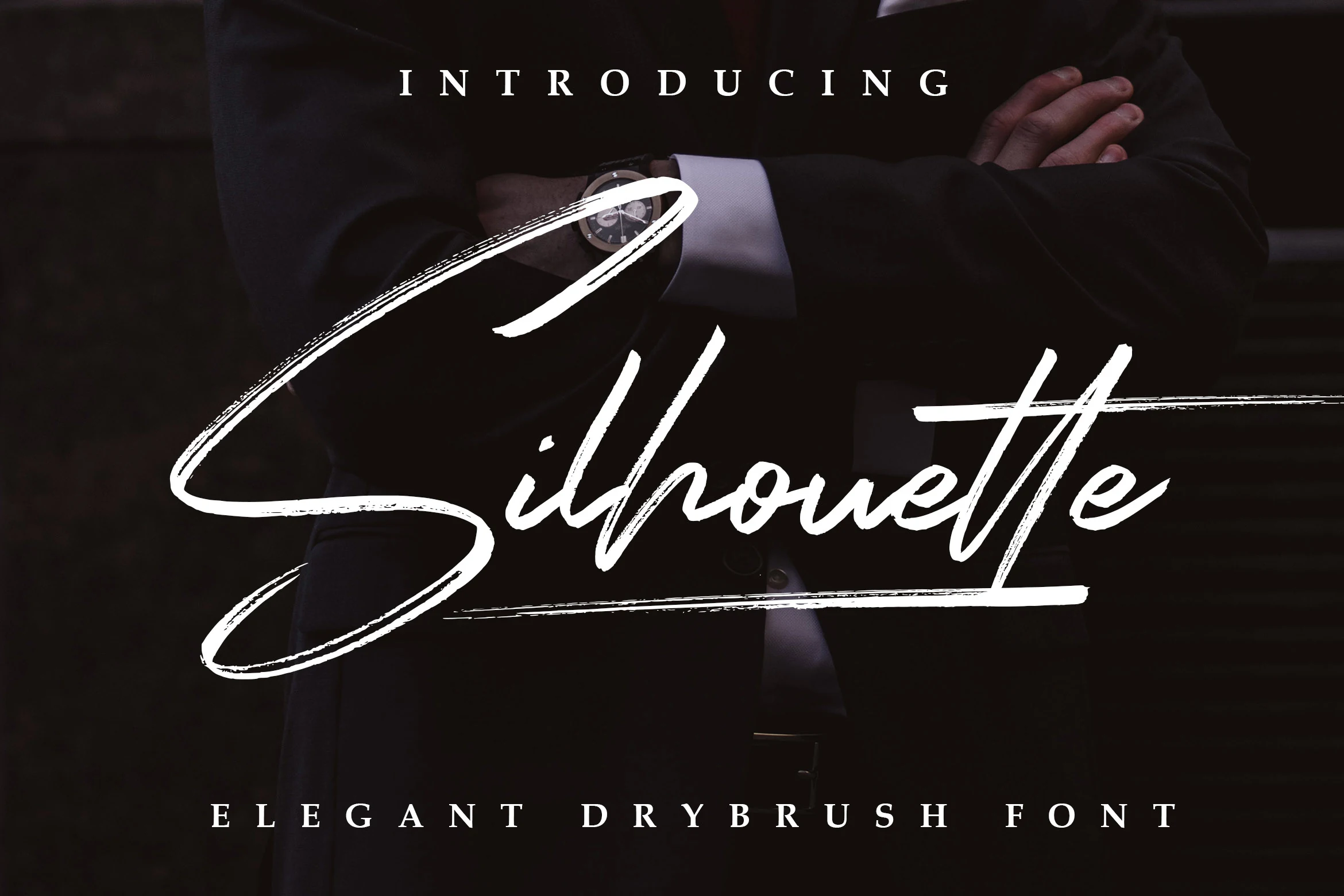 Silhouette Elegant Font white dry-brush signature script with sweeping underline swash