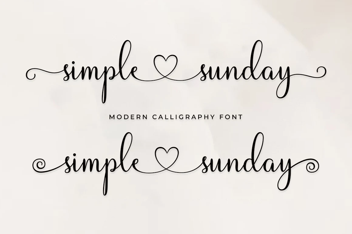 Simple Sunday Font thin black calligraphy script with heart connector and long swashes for wedding invitations