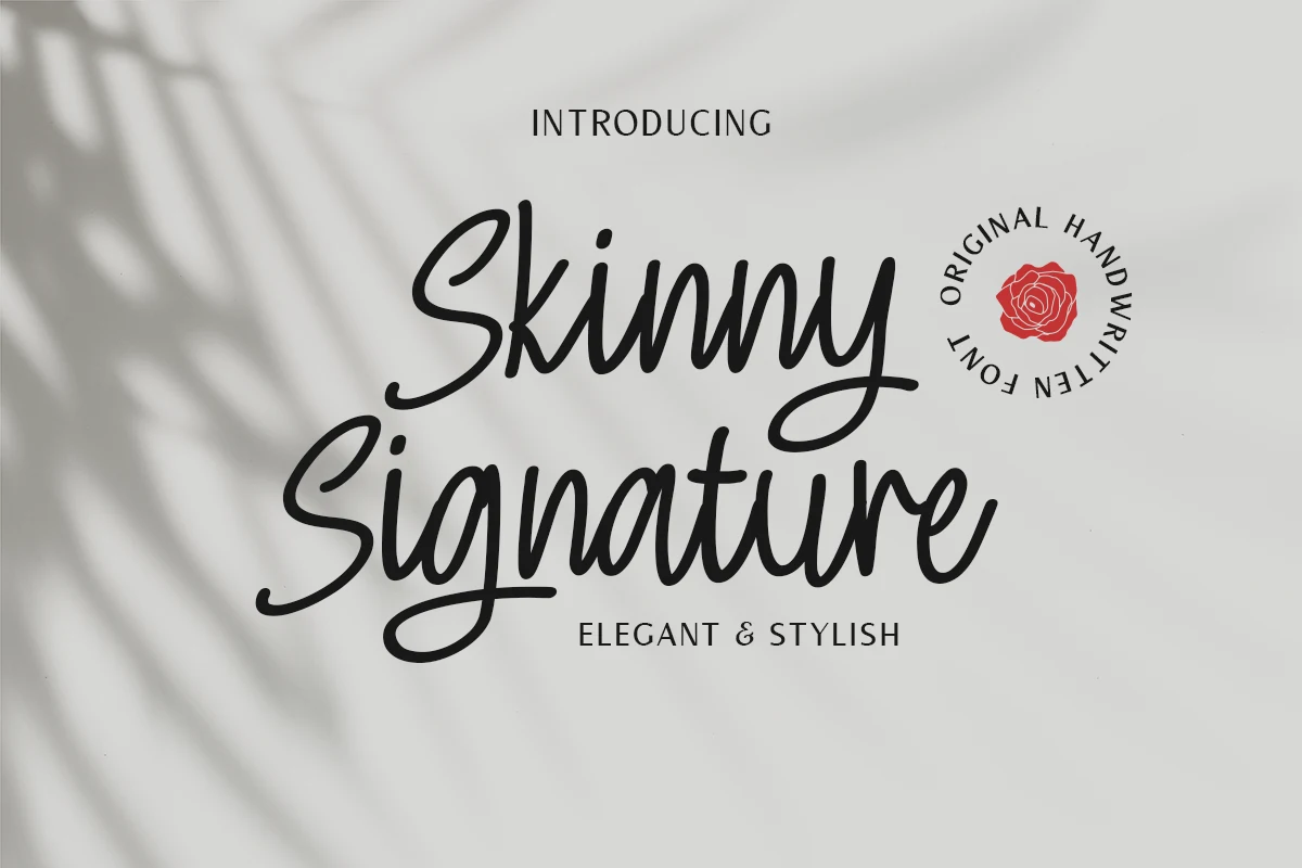 Skinny Signature Font preview showing bold black handwritten script with rounded strokes and looping swashes