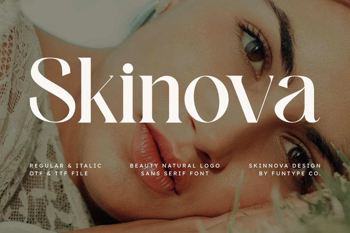 Skinova Font preview with elegant white high-contrast sans serif lettering and soft curves
