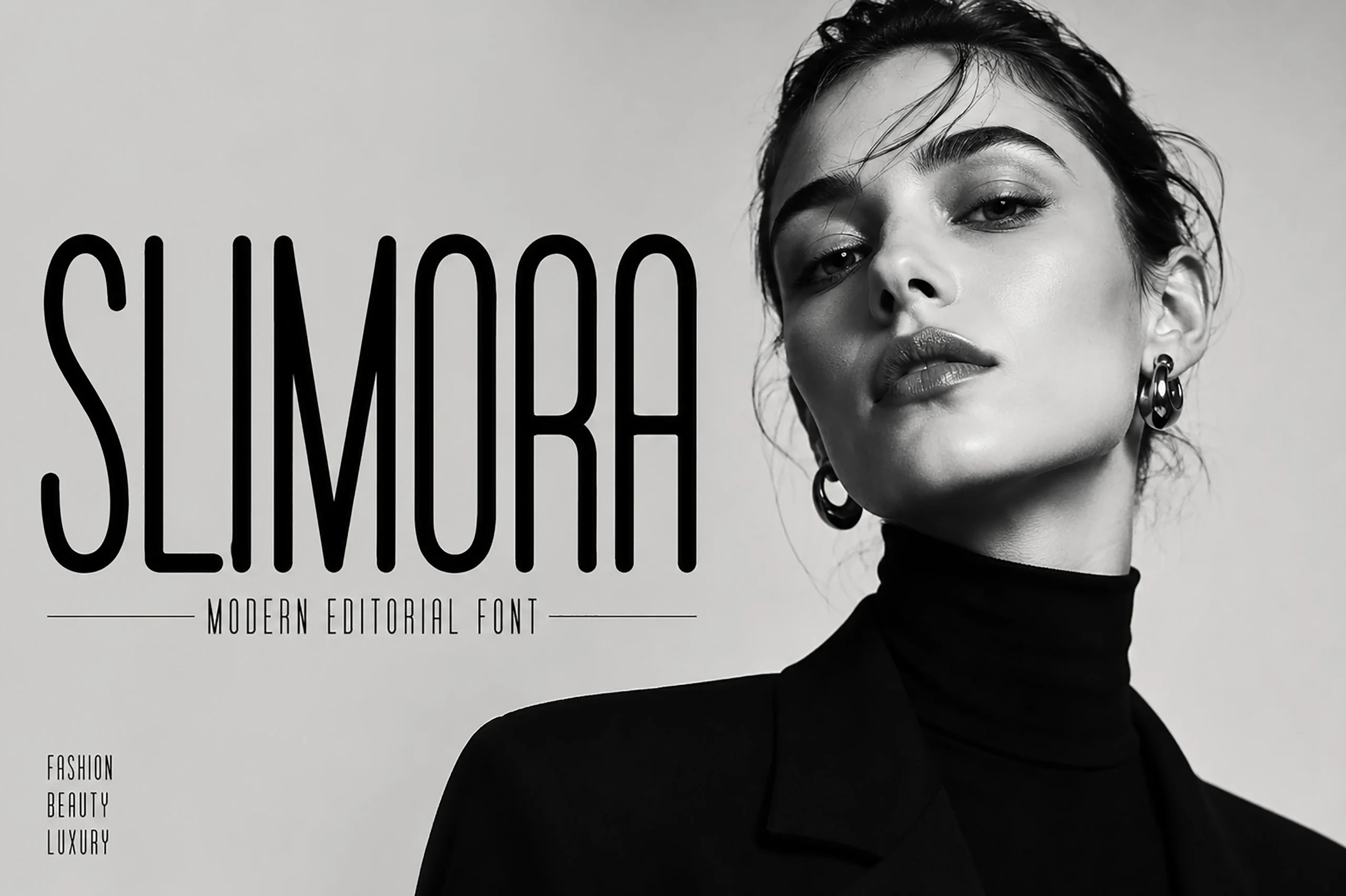 Slimora Font preview with tall condensed black sans serif lettering in a minimalist editorial style
