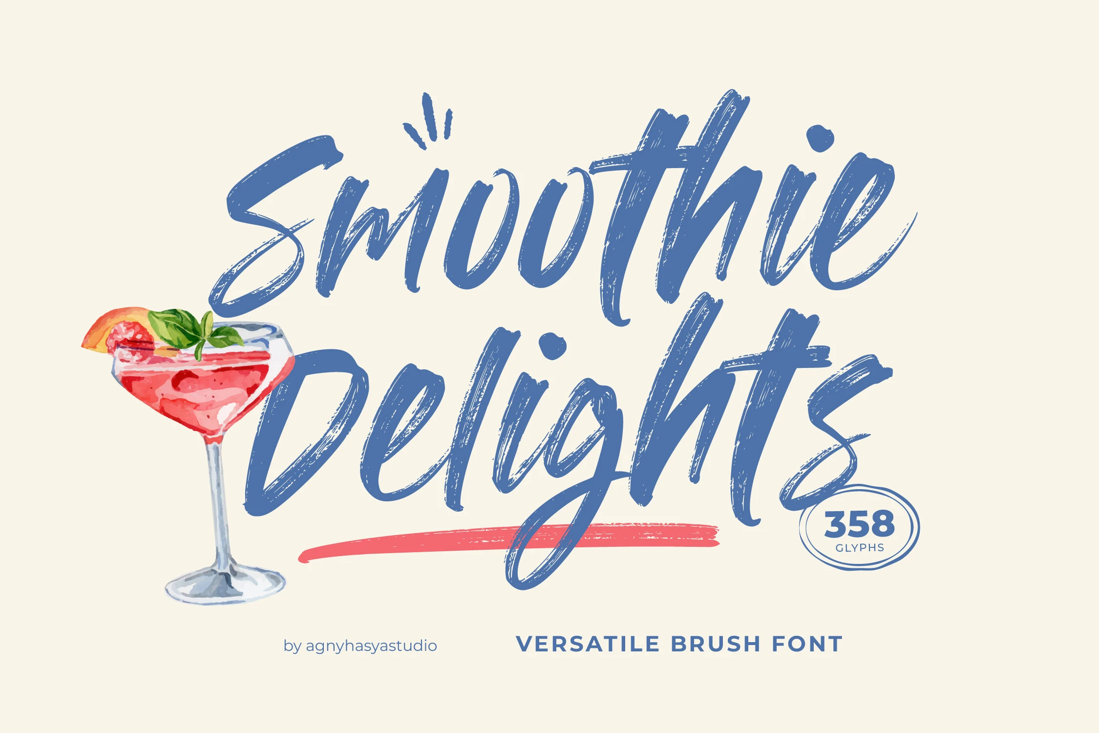 Smoothie Delights Font preview in textured blue brush script with bold sweeping strokes